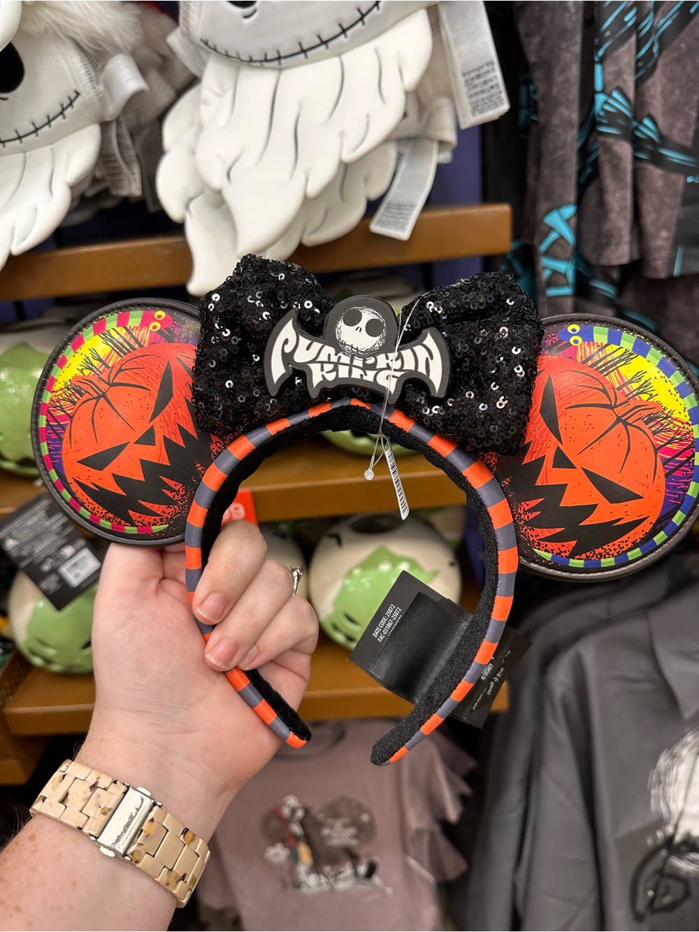NWT Disney Halloween Minnie Pumpkin Jack Skellington Sequin Bow Ear Headband